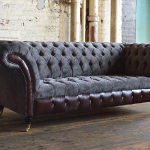 Chesterfield- Three Seater Charcoal Grey Velvet and Antique Brown Leather 