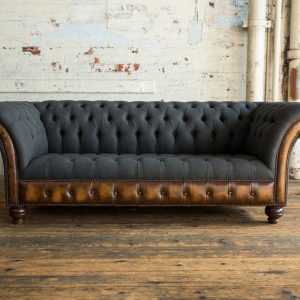 Chesterfield- Three Seater Charcoal Grey Velvet and Antique Tan Leather 