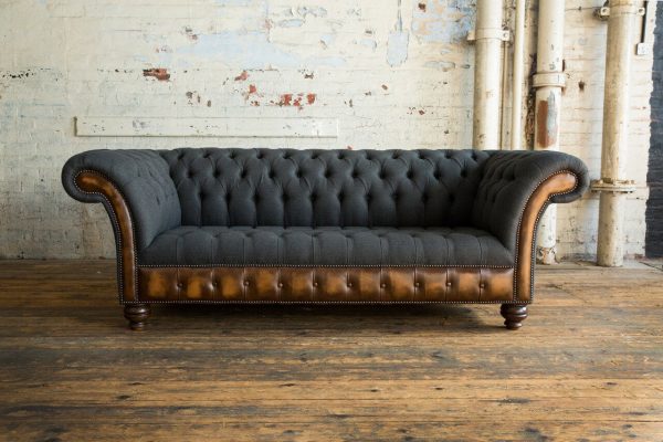Chesterfield- Three Seater Charcoal Grey Velvet and Antique Tan Leather 